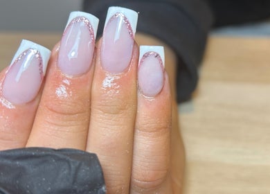Sparkly pink nail design at Nails by Aisha, Pudsey, England, GB.