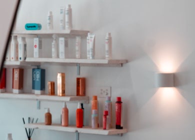 Haircare products neatly arranged on stylish shelves at HairyAdelaide, Mona Vale, New South Wales, AU.