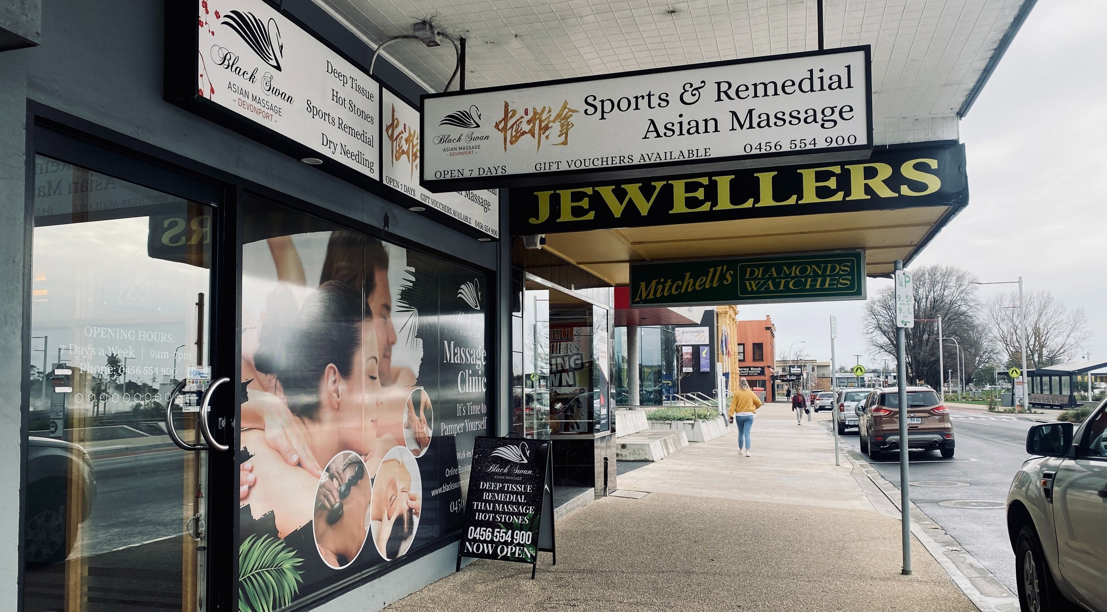 Front of Black Swan Asian Massage Devonport, showcasing entrance and street view in Devonport, Tasmania, AU.
