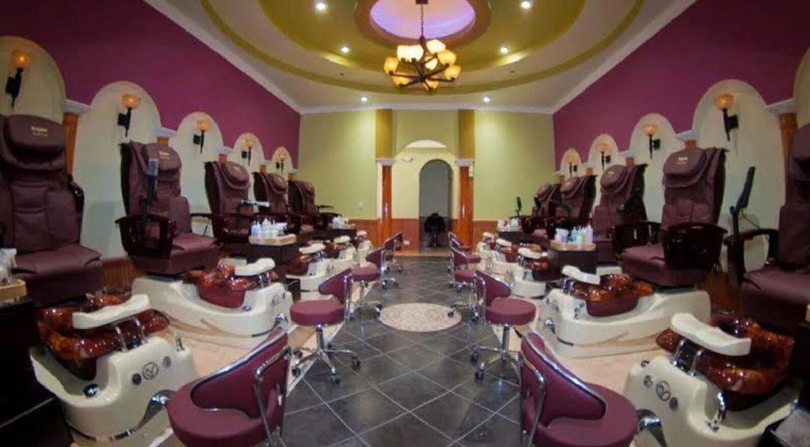 Luxurious pedicure chairs at Athena nail spa, Naperville, Illinois, US, offering premium wellness services.