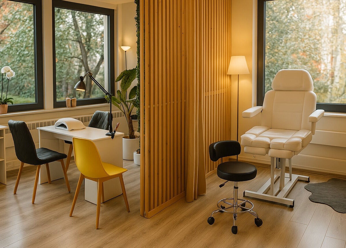 Bright, inviting workspace at Studio Oleksandra Protsenko, Nottingham, England, GB with modern chairs and greenery.