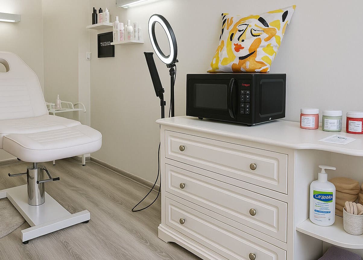 Modern treatment room at Studio Oleksandra Protsenko, Nottingham, England, GB. Features massage chair and skincare products.