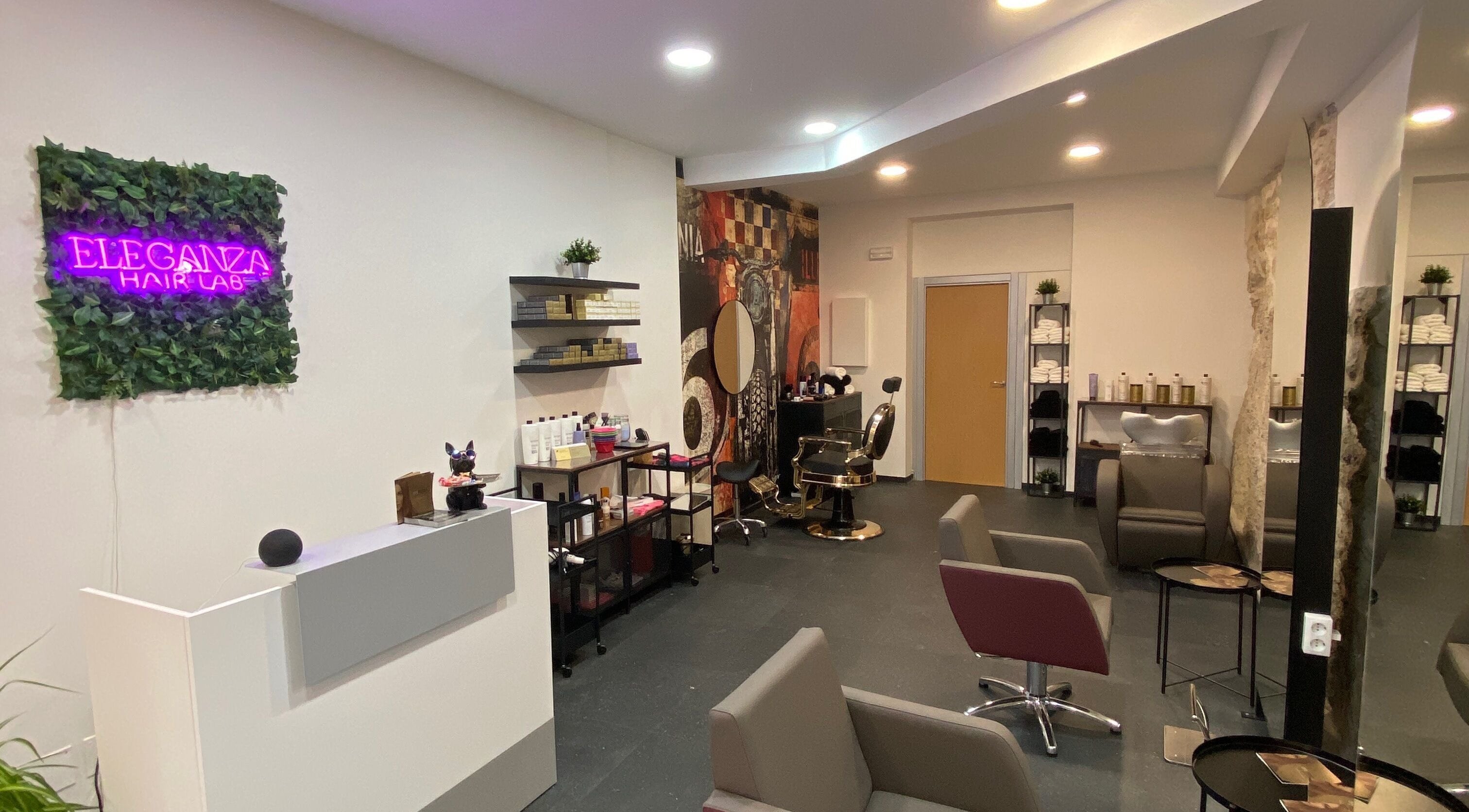 Moderno salón de ELEGANZA Hair Lab en Zamora, Castilla Y León, ES, con decoración elegante y área de peluquería sofisticada.