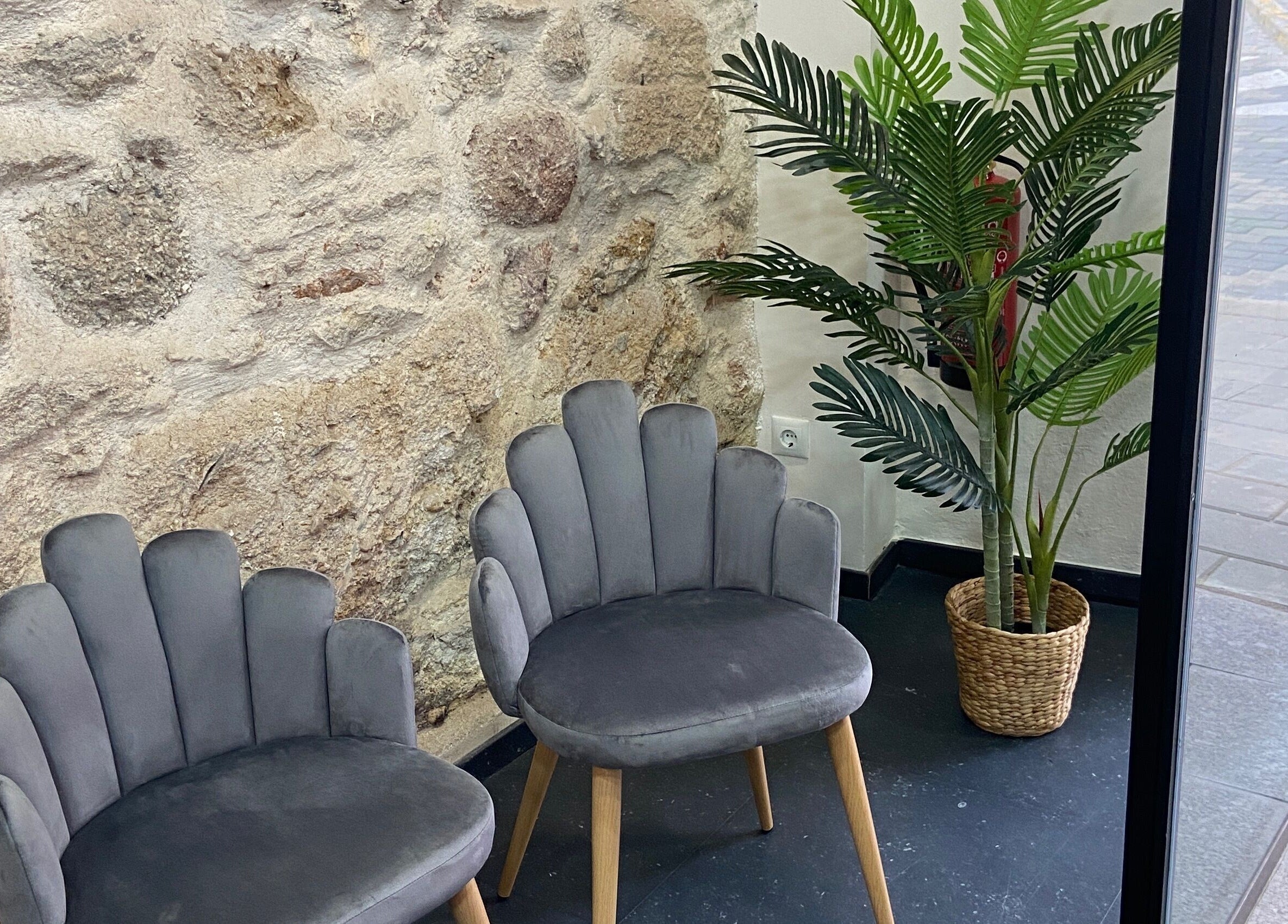 Zona de espera en ELEGANZA Hair Lab, Zamora, Castilla Y León, ES con sillas grises y planta decorativa.