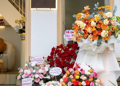 Vibrant floral arrangements welcoming guests at Kim Studio, Thành Phố Đà Lạt, Lâm Đồng, VN.