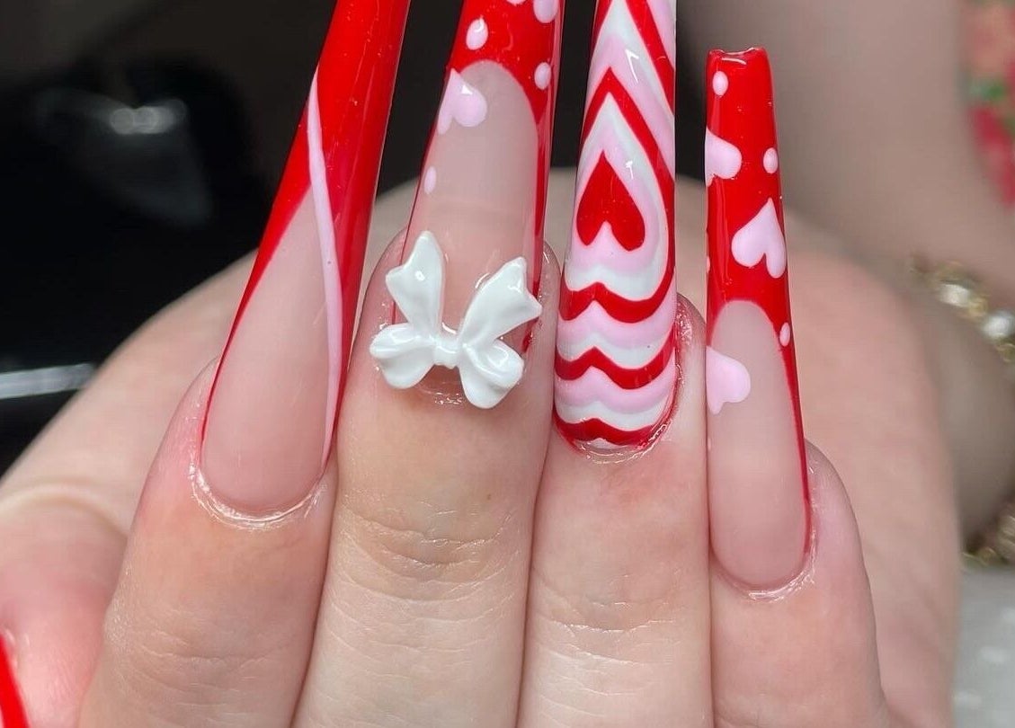Valentine-themed nail art at Hypa Nails Au, featuring red designs in Burpengary, Queensland, AU.