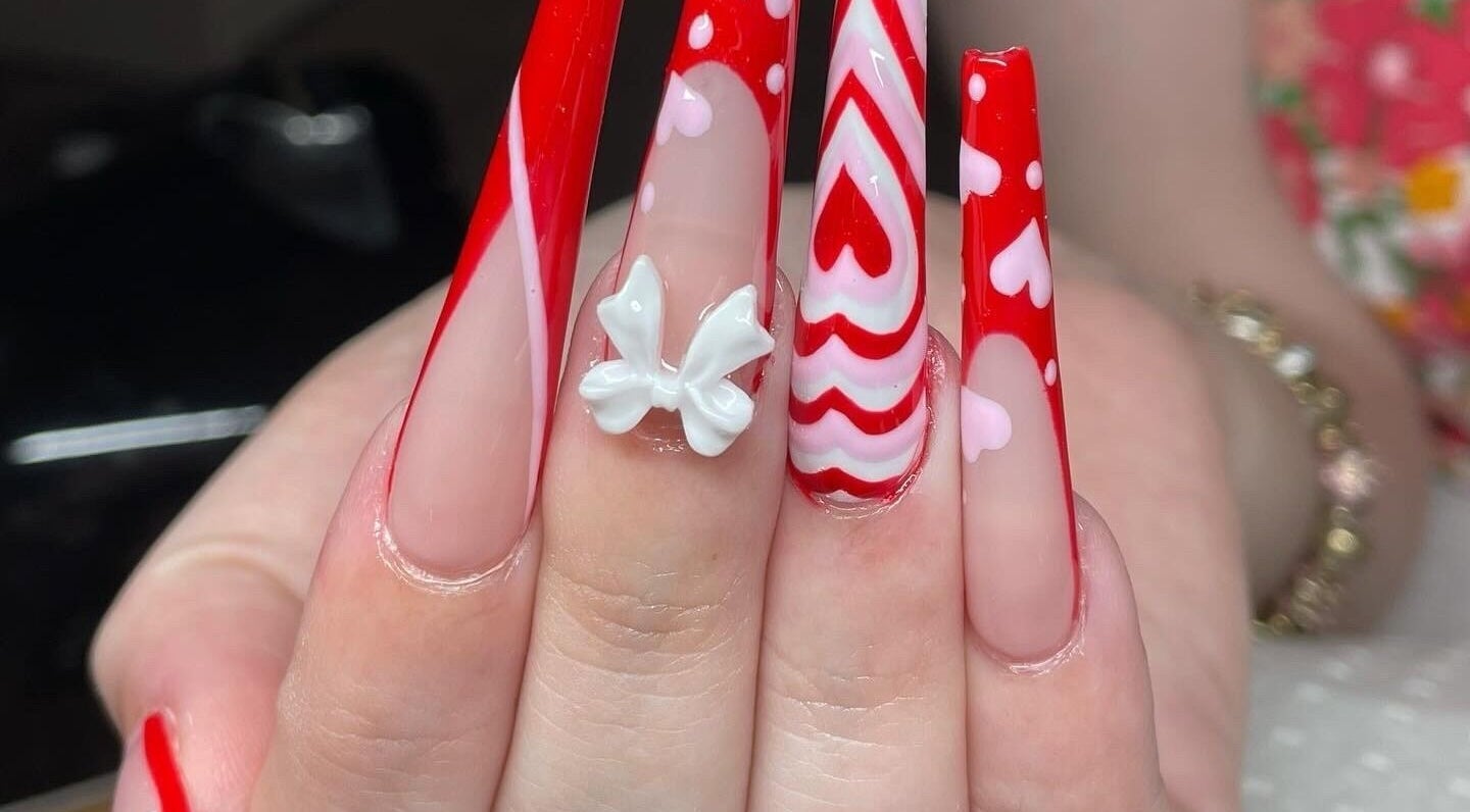 Valentine-themed nail art at Hypa Nails Au, featuring red designs in Burpengary, Queensland, AU.