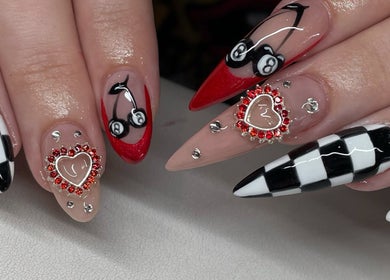 Chic nail art with cherry and checkered designs at Hypa Nails Au, Burpengary, Queensland, AU.