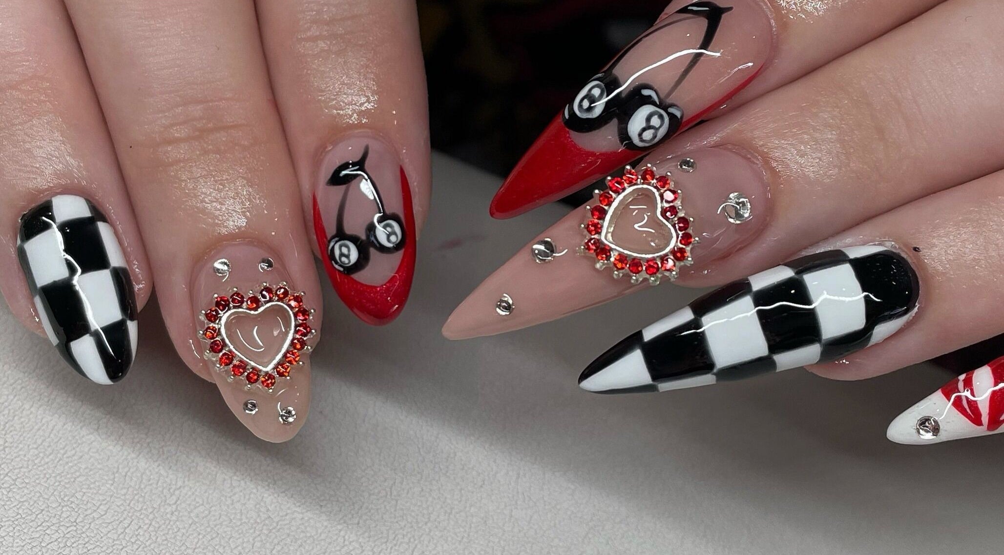 Chic nail art with cherry and checkered designs at Hypa Nails Au, Burpengary, Queensland, AU.