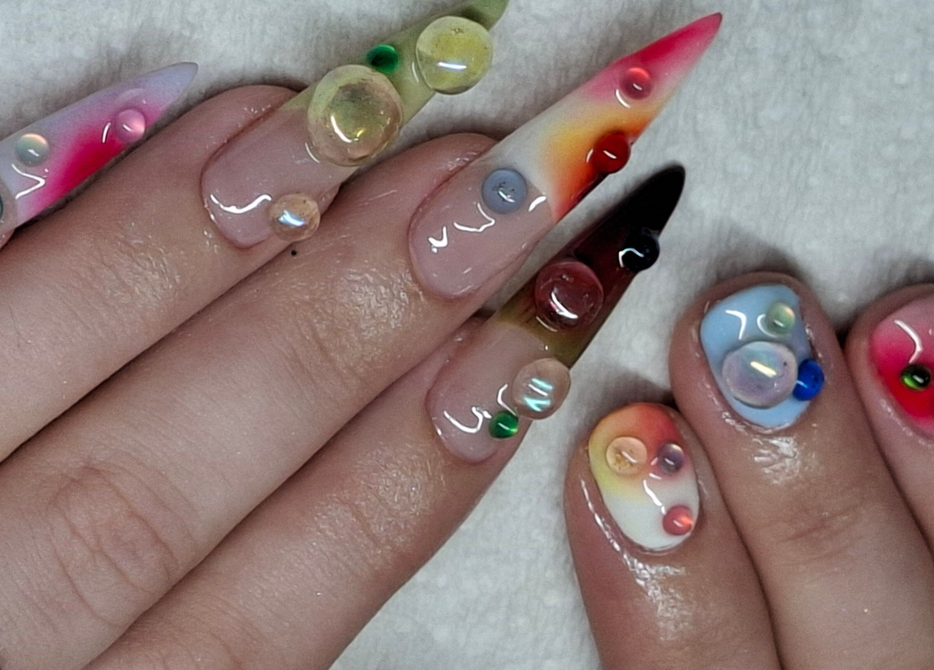 Vibrant 3D nail art with colorful gems at Hypa Nails Au, Burpengary, Queensland, AU.