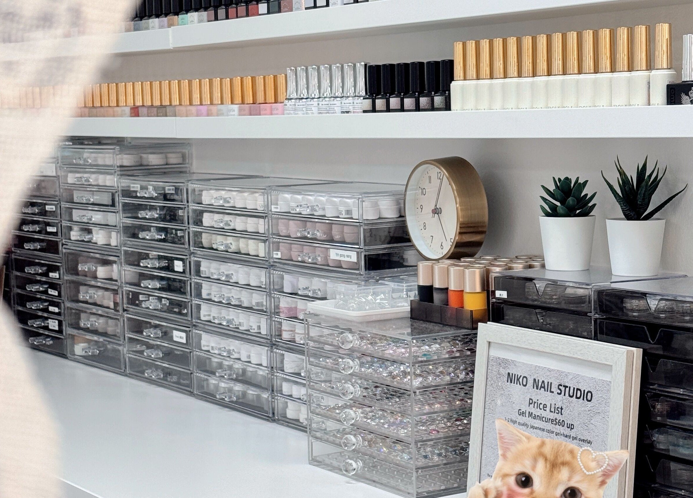 Organized nail polish and gel display at Niko Nail Studio in La Verne, California, US.