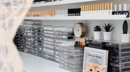 Organized nail polish and gel display at Niko Nail Studio in La Verne, California, US.