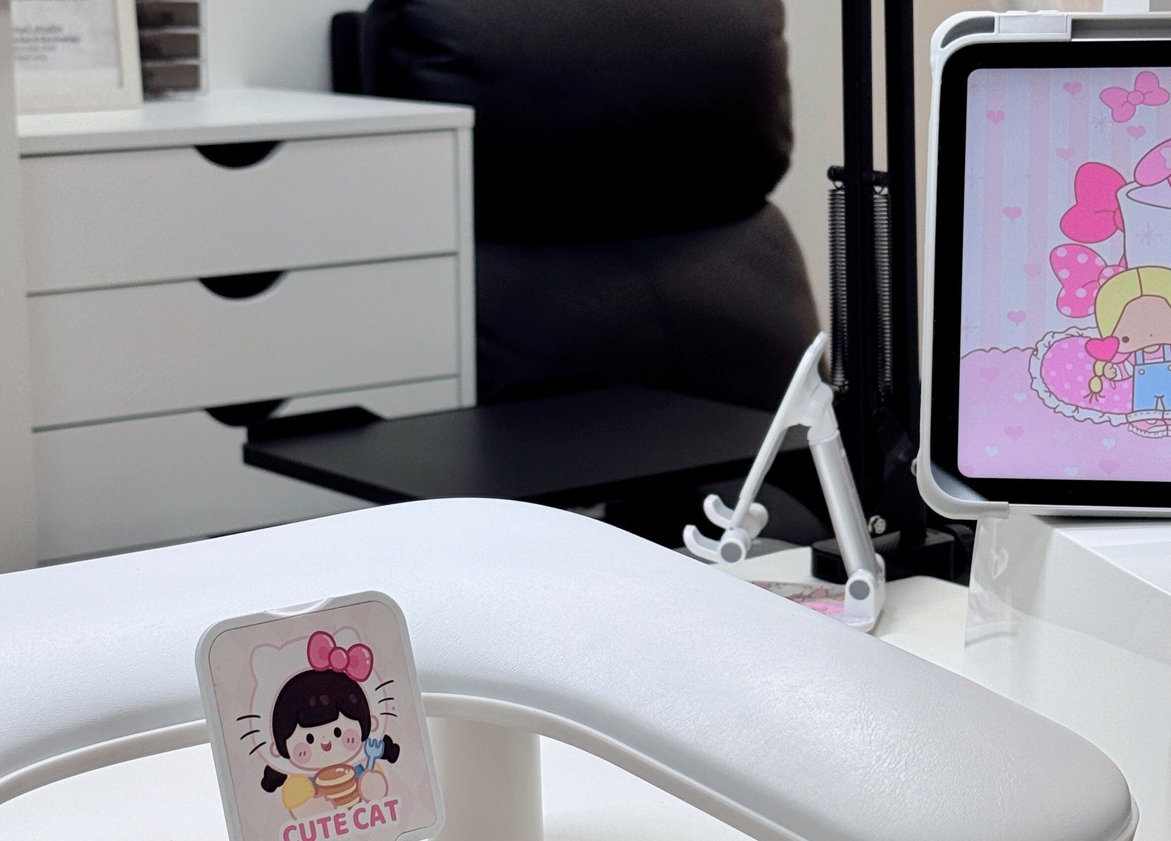 Chic manicure station at Niko Nail Studio in La Verne, California, US with cute cat decor.