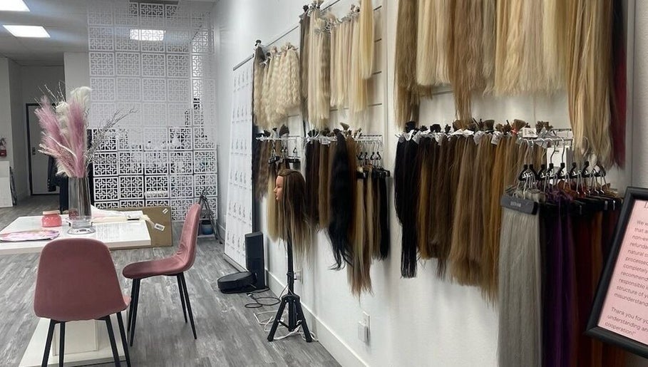 Hair extensions display at Studio Queen Hair, Sherman Oaks, California, US.