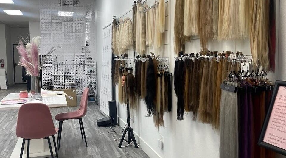Hair extensions display at Studio Queen Hair, Sherman Oaks, California, US.