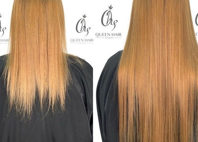 Before and after hair transformation at Studio Queen Hair, Sherman Oaks, California, US.