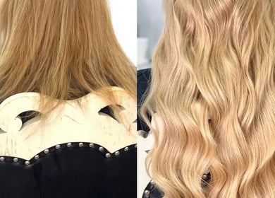 Hair makeover at Studio Queen Hair, Sherman Oaks, California, US showing before and after blonde waves.