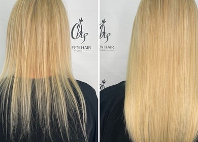 Before and after blonde hair transformation at Studio Queen Hair, Sherman Oaks, California, US.