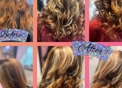 Hair transformation with elegant curls at Heavenly Hair, Dudley Park, Western Australia, AU, before and after.