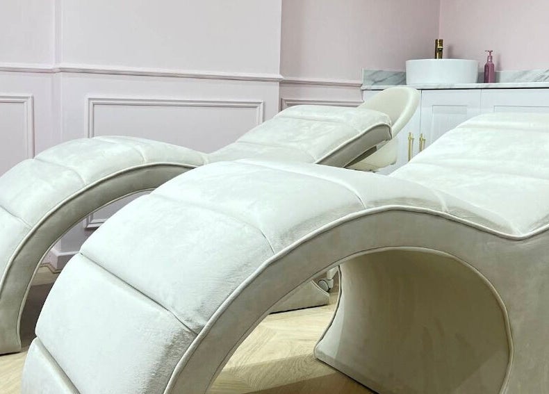 Luxurious treatment chairs at Nailsbyklc, Monton, England, GB offer comfort in a stylish setting.