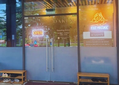 Front view of Oaken, foot massage venue with open sign, Singapore, Singapore, SG.