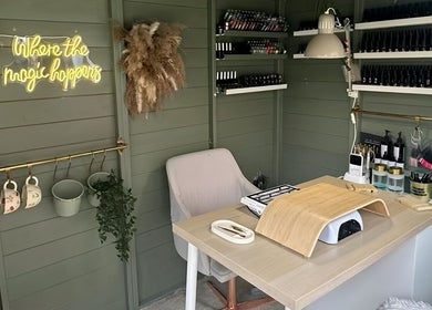Cozy beauty space at Well Gel in Buckshaw Village, England with manicure setup and decor.