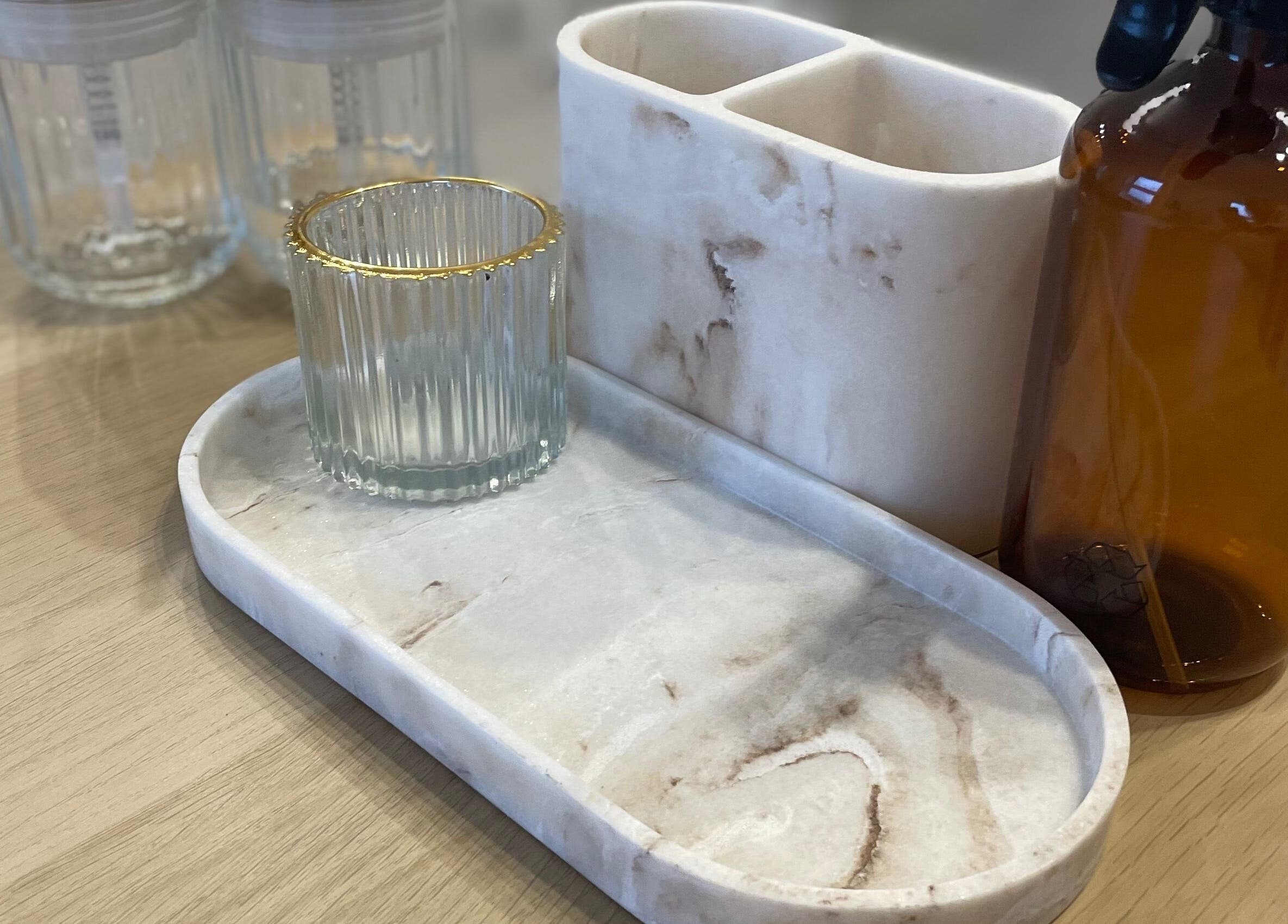 Elegant counter setup at Pampa Nail Salon & Training Academy, Rotherham, England, GB, featuring glass and marble.