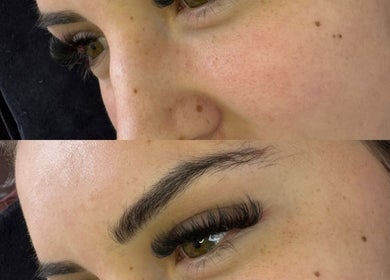 Close-up of eyelash extensions by Lashesbymaine_ in Farnborough, England, GB.