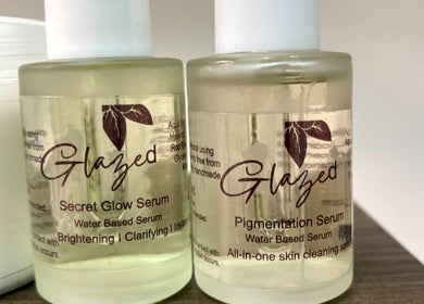 Glaze Beauty Studio serums on display in Lusaka, Lusaka Province, ZM for brightening and clarifying skin.