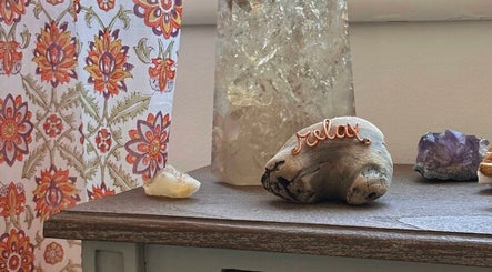 Donna Cherie Aesthetics relaxation setup with crystals in Santa Cruz, California, US.