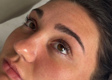 Close-up of a woman's lash lift at _byaimeececcarelli, Bristol, England, GB, showcasing beautifully curled lashes.