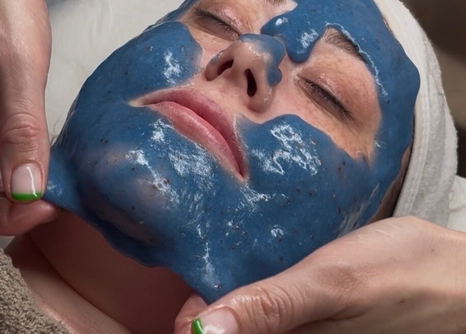 Rejuvenating facial treatment with blue mask at Skin Luxe Studio, Fleur-de-lis, Wales, GB.