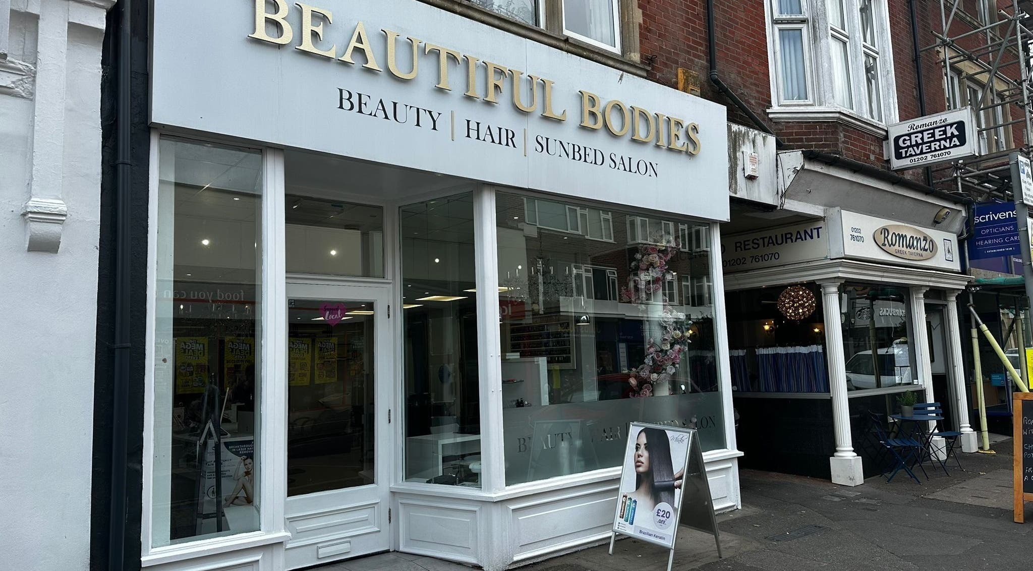 Exterior of Mlinko hair, a stylish beauty salon in Bournemouth, England, GB with elegant front signage.