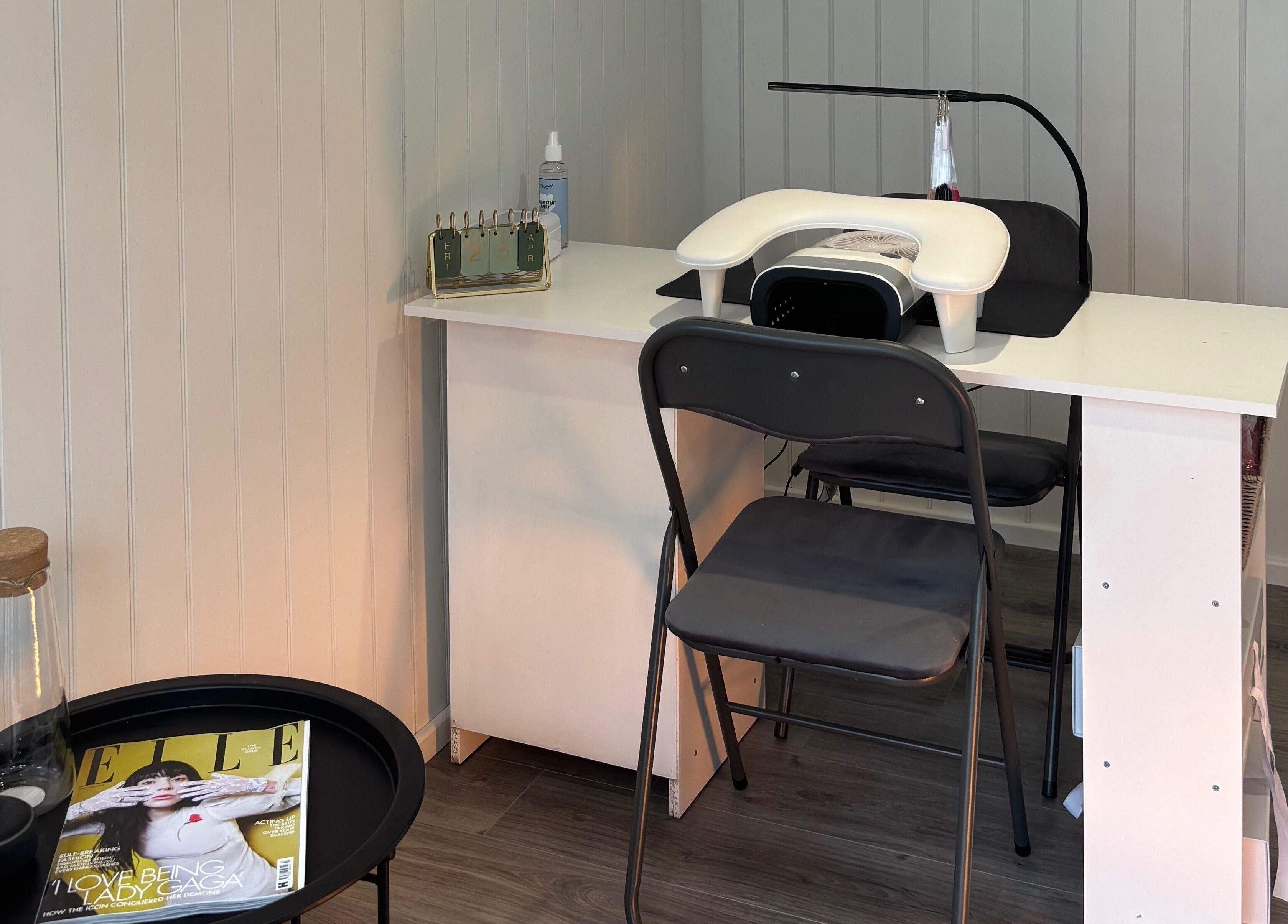 Manicure station at The Beauty Cabin, Royal Leamington Spa, England, GB. Serene and well-organized beauty space.