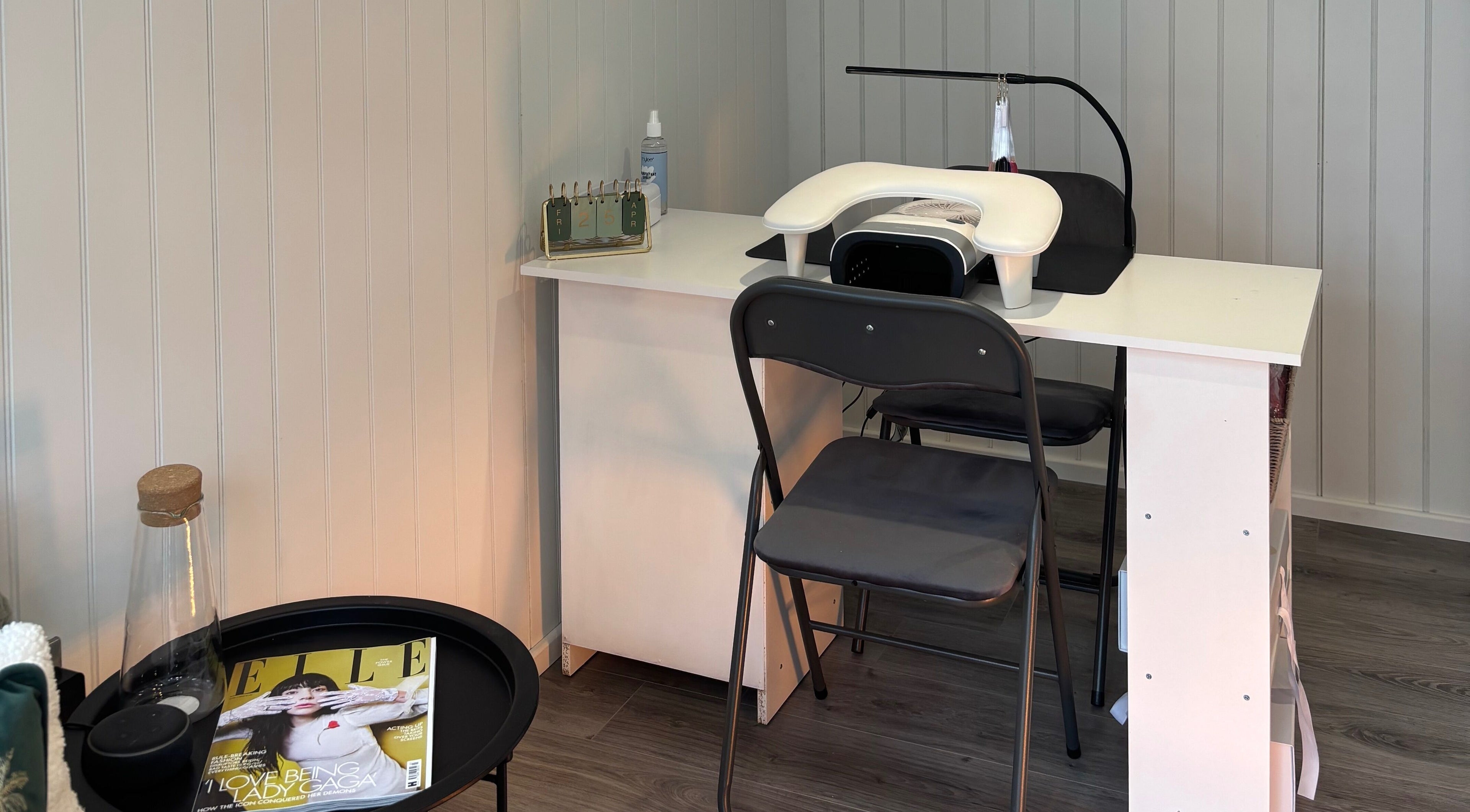 Manicure station at The Beauty Cabin, Royal Leamington Spa, England, GB. Serene and well-organized beauty space.
