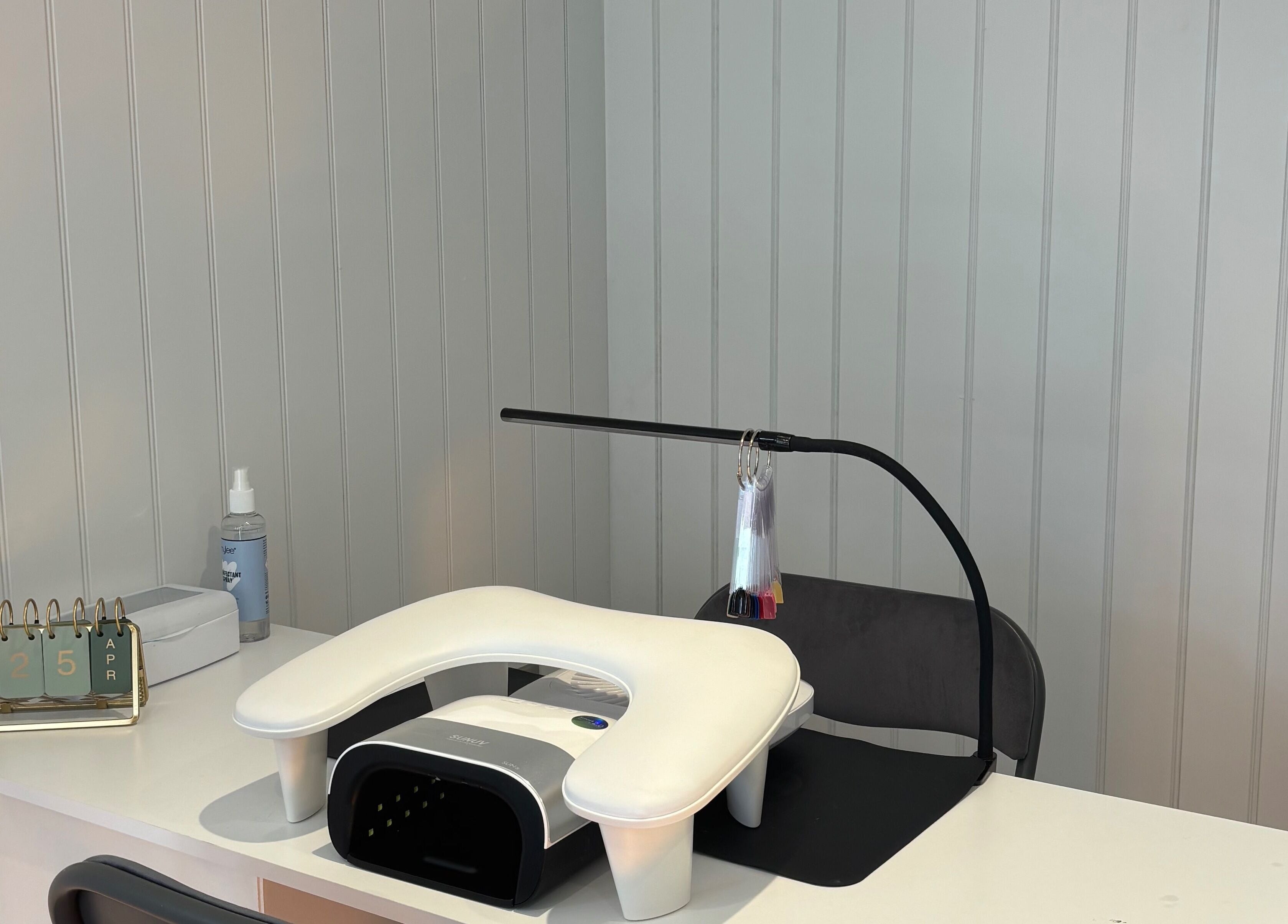 Nail station at The Beauty Cabin, Royal Leamington Spa, England, GB, ready for manicures.