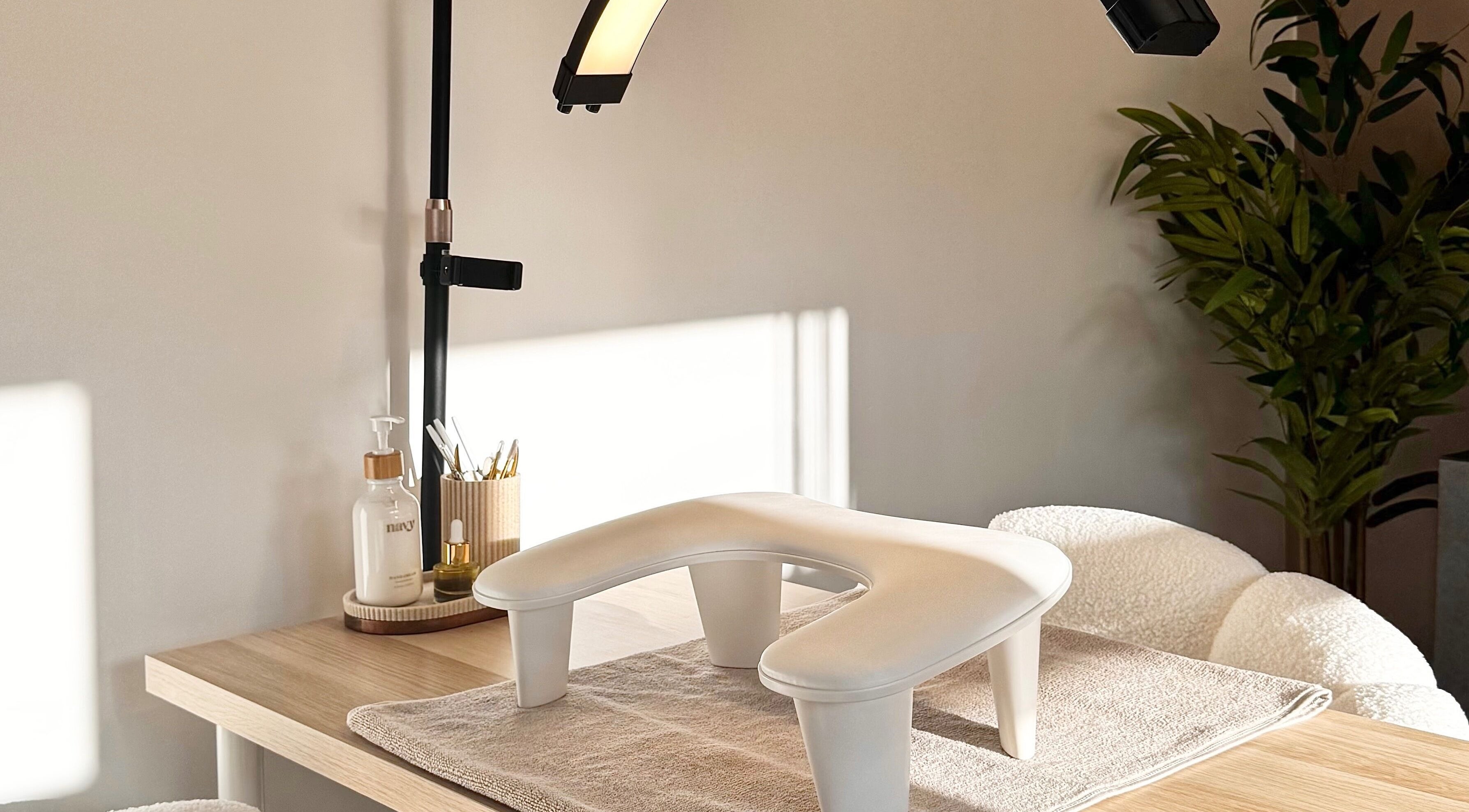 Nina Rose Beauty nail studio setup with manicure tools in Leeds, England, GB, conveying relaxation and care.