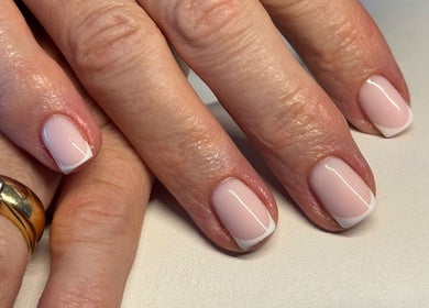 French manicured nails at The Cherry Lounge, Boughton Monchelsea, England, GB showcasing fine nail art.