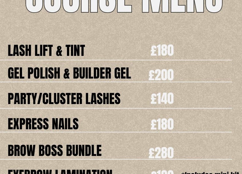 Course menu at Inner Buzz, Redcar, England, GB, showcasing various beauty treatments and prices.
