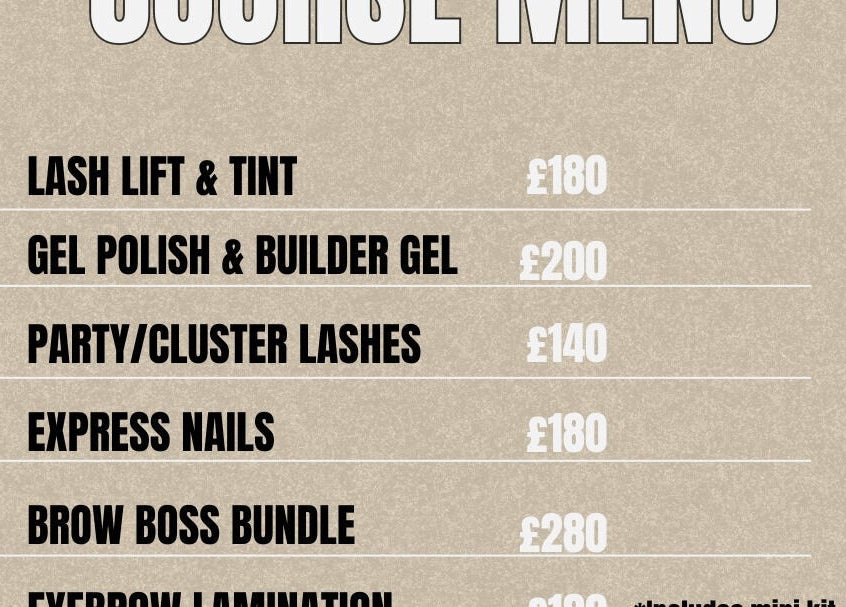 Course menu at Inner Buzz, Redcar, England, GB, showcasing various beauty treatments and prices.