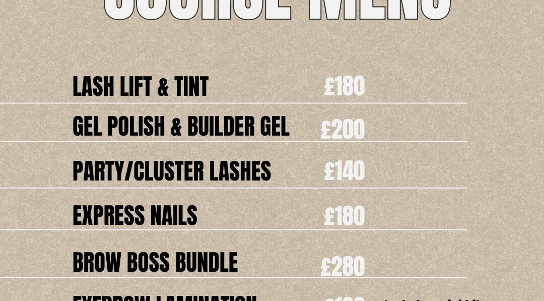 Course menu at Inner Buzz, Redcar, England, GB, showcasing various beauty treatments and prices.