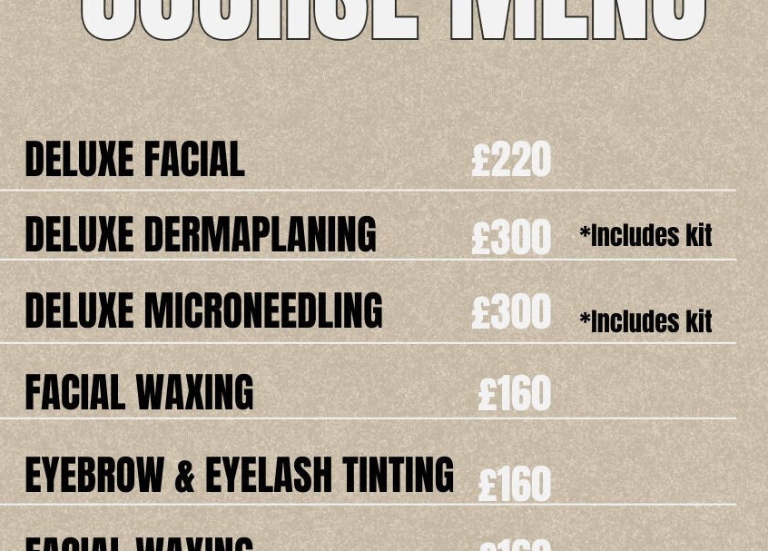 Inner Buzz course menu showing facial treatments and prices, located in Redcar, England, GB.