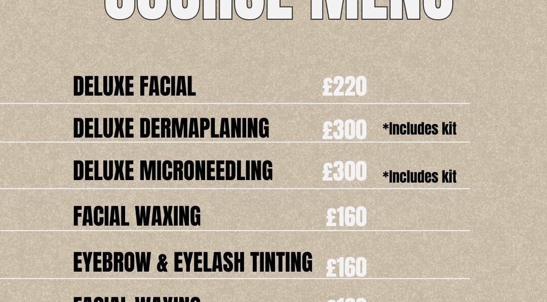 Inner Buzz course menu showing facial treatments and prices, located in Redcar, England, GB.