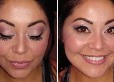 Smiling woman with elegant makeup at Prodigo Day Spa & Salon in Harleysville, Pennsylvania, US, showcasing vibrant eyes.