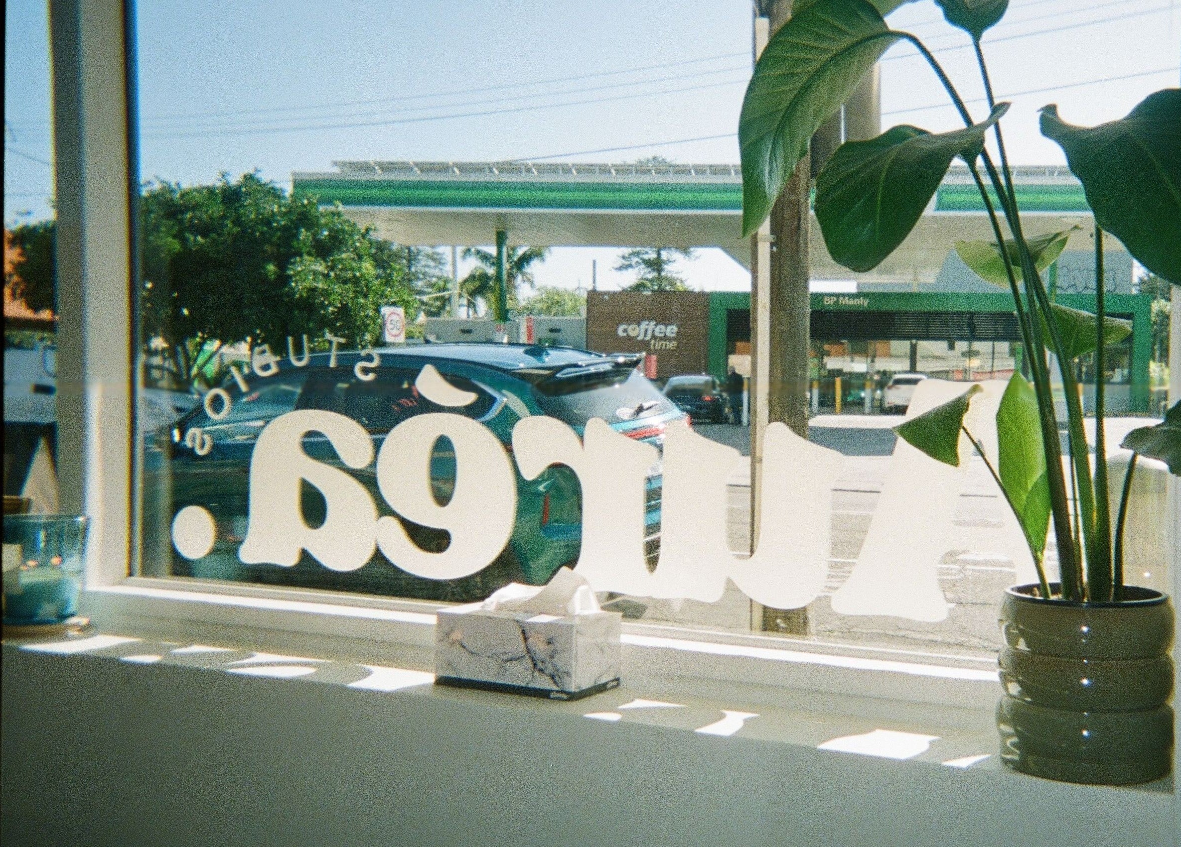 View from Auréa Studios in Manly, New South Wales, AU with a plant and street view through the window.