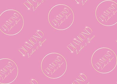 Diamondlashes&brows logo pattern on pink background, located in Pershore, England, GB.
