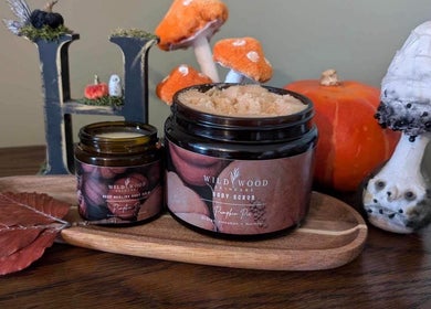 Rustic skincare products at Heavenly Treatments with Hayleybell, Kelso, Scotland, GB. Autumn-inspired display.