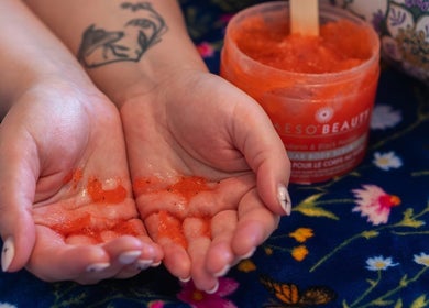 Exfoliating scrub for hands at Heavenly Treatments with Hayleybell, Kelso, Scotland, GB.