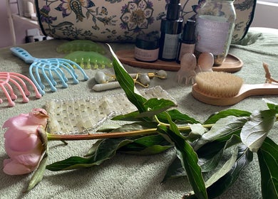 Spa tools and natural elements at Heavenly Treatments with Hayleybell, Kelso, Scotland, GB.