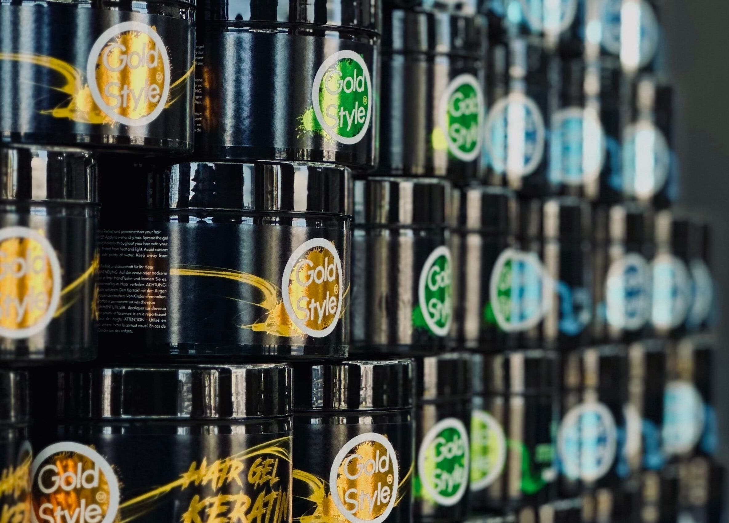 Shelves of Gold Style hair gel at Royaltrim, Stavanger, Rogaland, NO, showcasing high-quality styling products.